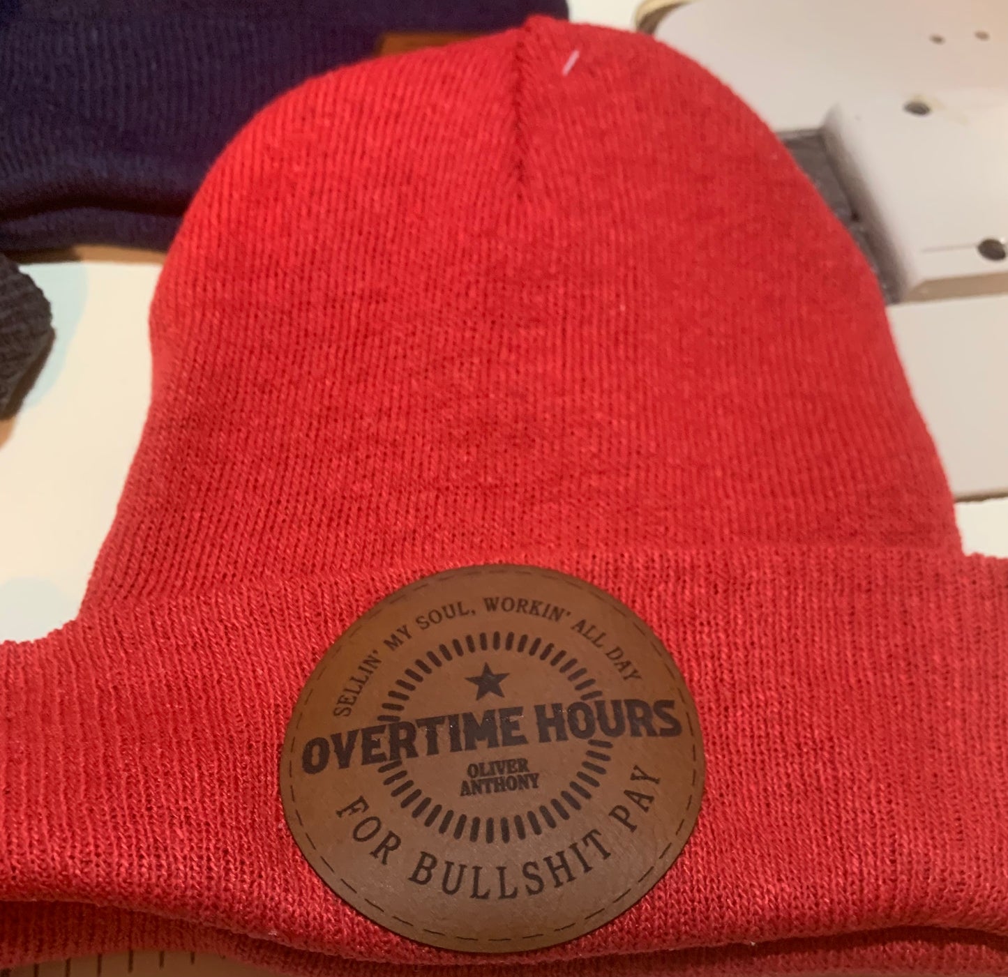 Red beanie with Overtime hour patch quick ship combo